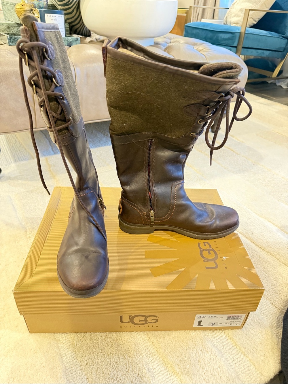 UGG Women's Brown Leather & Wool Tall Lace-Up Boots